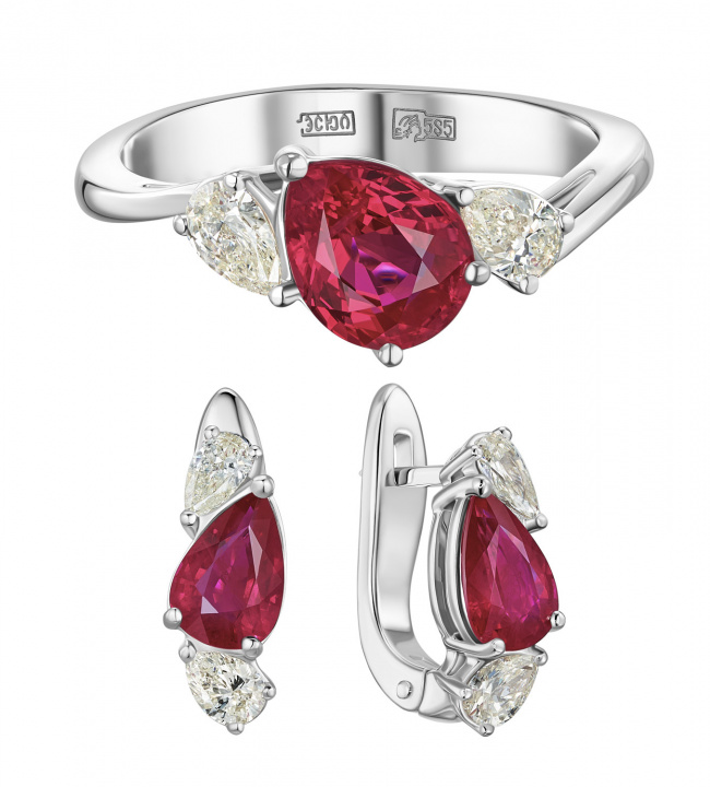 Комплект серьги и кольцо с рубинами и бриллиантами (код 73880 и 73873)