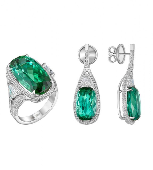 Комплект серьги и кольцо с турмалинами и бриллиантами (код 81137 и 81120)