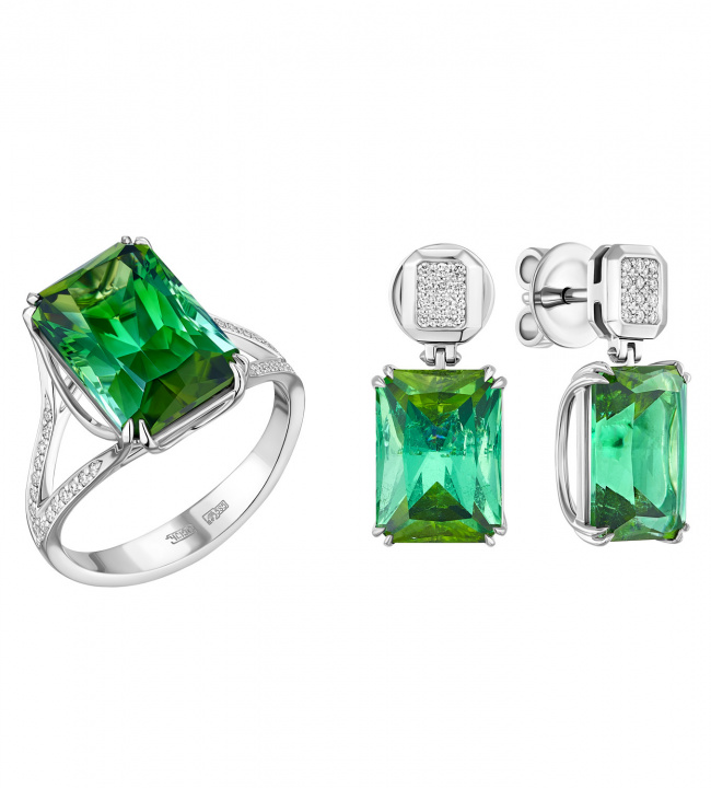 Комплект серьги и кольцо с зелеными турмалинами (код 59471, 59518)